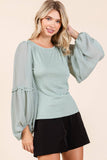 MIXED MEDIA TEXTURED KNIT CHIFFON LONG SLEEVE TOP: IVORY / S