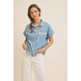 WASHED CHAMBRAY BUTTON-DOWN SHIRT WITH STITCHING: WASHED DENIM / S