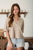 STRIPE SHORT SLEEVE BOXY HENLEY KNIT TOP-backorder: MOCHA