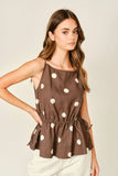 AJT6068 SOFT TOUCH POLKA DOT BABYDOLL WAIST TOP: MOCHA / L