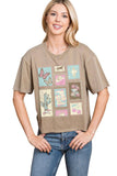 Western Elements Stamps Graphic S/S Washed Faux Crop Top: BLACK / L