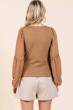 MIXED MEDIA TEXTURED KNIT CHIFFON LONG SLEEVE TOP: IVORY / S