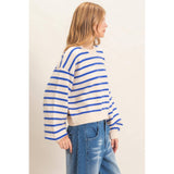 Striped Ribbed Crew Neck Sweater: CAMEL / S-M-L(2-2-2)