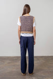 STRIPED OPEN FRONT CROCHET KNIT VEST: TAUPE
