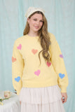 MULTICOLOR HEART CREWNECK KNIT PULLOVER SWEATER: BUTTER YELLOW MULTI