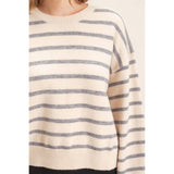 Striped Ribbed Crew Neck Sweater: CAMEL / S-M-L(2-2-2)