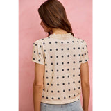 POLK-A-DOT KNIT LACE TRIM ON NECKLINE SHORT TOP: OFF WHITE/BLACK / L