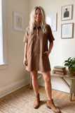 Polka Dot Denim Shirt Dress: BROWN / L
