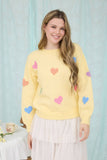 MULTICOLOR HEART CREWNECK KNIT PULLOVER SWEATER: BUTTER YELLOW MULTI