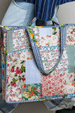 Blue-Bound Artisanal Illusion Patchwork Shopper Bag: IVORY/BLUE / Os