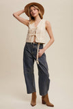 Embroidered Lace Tie-Front Vest: Deep Green / L