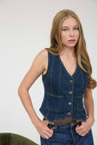 V NECK SLEEVELESS BUTTON DOWN DENIM VEST : DENIM