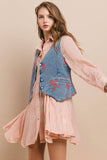 VINTAGE FLORAL EMBROIDERED STRUCTURED DENIM VEST 6318JID: DENIM/ROSE / L
