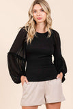 MIXED MEDIA TEXTURED KNIT CHIFFON LONG SLEEVE TOP: IVORY / S