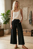 Relaxed Wide Leg Lightweight Drawstring Knit Pants: BLACK / L