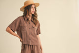 BUTTON UP BOXY SHIRT AND SHORTS SET MPST3891: BROWNIE / L