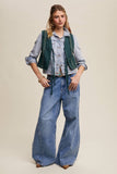 Embroidered Lace Tie-Front Vest: Deep Green / L