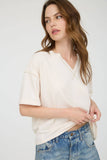 CONTRAST STITCH DROP SHOULDER CUFF SLEEVE KNIT TOP : CREAM