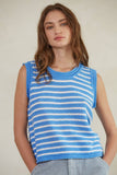 W1640 | Knit Cotton Sweater Striped Sleeveless Top: Blue / S
