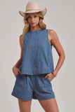 SLEEVELESS DENIM TOP AND MATCHING SHORTS SET: DENIM / S-M-L(2-2-2)