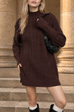 CABLE KNIT MOCK NECK MINI SWEATER DRESS: CHOCOLATE BROWN