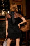 BEADED TULLE MESH SHORT SLEEVE BACK TIE MINI DRESS: BLACK