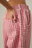 ELASTIC WAIST BAND GINGHAM PRINTED BARREL FIT TWILL PANTS: CREAM-RED GINGHAM / L