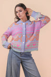 12W3468N-Oversized Button Down Graphic Knit Sweater Top: BLUE / S-M-L/2-2-2