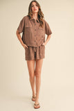BUTTON UP BOXY SHIRT AND SHORTS SET MPST3891: BROWNIE / L