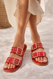 Double Buckle Flat Slide Studded Sandal: Nude / 6-10