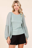 MIXED MEDIA TEXTURED KNIT CHIFFON LONG SLEEVE TOP: IVORY / S