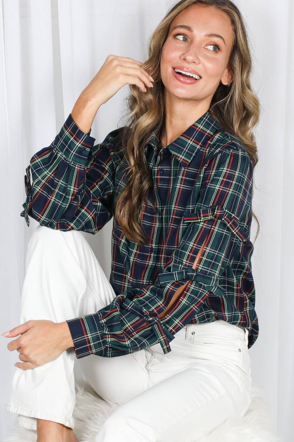 Bow Accent Puff Sleeve Collared Neck Plaid Shirt VT82811C: Hunter green / L