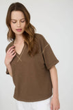 CONTRAST STITCH DROP SHOULDER CUFF SLEEVE KNIT TOP : CREAM