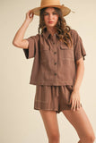 BUTTON UP BOXY SHIRT AND SHORTS SET MPST3891: BROWNIE / L