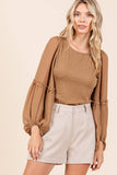 MIXED MEDIA TEXTURED KNIT CHIFFON LONG SLEEVE TOP: IVORY / S