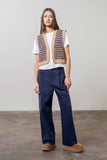 STRIPED OPEN FRONT CROCHET KNIT VEST: TAUPE