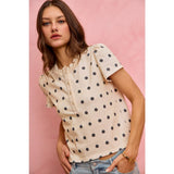 POLK-A-DOT KNIT LACE TRIM ON NECKLINE SHORT TOP: OFF WHITE/BLACK / L