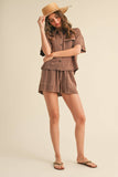 BUTTON UP BOXY SHIRT AND SHORTS SET MPST3891: BROWNIE / L