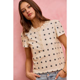 POLK-A-DOT KNIT LACE TRIM ON NECKLINE SHORT TOP: OFF WHITE/BLACK / L