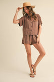 BUTTON UP BOXY SHIRT AND SHORTS SET MPST3891: BROWNIE / L