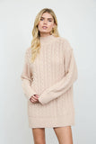 CABLE KNIT MOCK NECK MINI SWEATER DRESS: CHOCOLATE BROWN