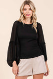 MIXED MEDIA TEXTURED KNIT CHIFFON LONG SLEEVE TOP: IVORY / S