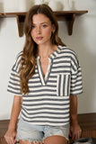 STRIPE SHORT SLEEVE BOXY HENLEY KNIT TOP-backorder: MOCHA