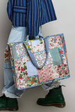 Blue-Bound Artisanal Illusion Patchwork Shopper Bag: IVORY/BLUE / Os