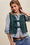 Embroidered Lace Tie-Front Vest: Deep Green / L