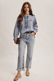 Ruffle Trim Denim Blouse FT0021: Cloud Wash / Contemporary / L