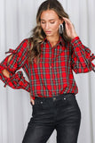 Bow Accent Puff Sleeve Collared Neck Plaid Shirt VT82811C: Hunter green / L