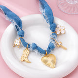 Western Denim Cowboy Boot & Cross Charm Necklace | 80N92859: Gold