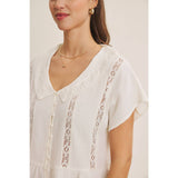 NATURALLY AIRY FEEL COTTON GAUZE LACE TRIM BABYDOLL BLOUSE: PEARL / L