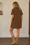 Polka Dot Denim Shirt Dress: BROWN / L